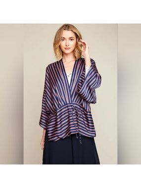 Hayden LA Navy Blue Women's Striped Kimono Blouse Top Plus Size 1XL